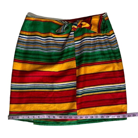 Vintage Eddie Bauer Wrap Mini Skirt Linen Red Orange Green Stripe Size 4 Western - Picture 10 of 13